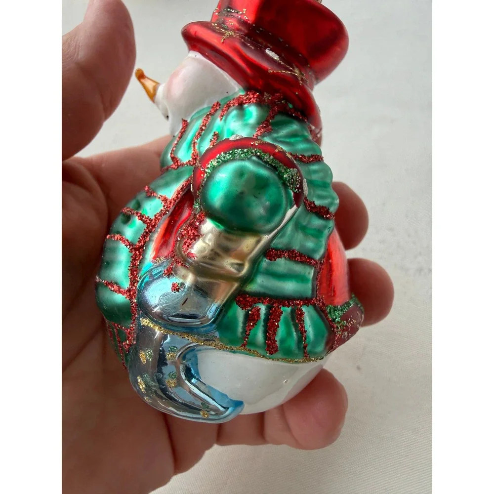 Red Green Blown Glass Snowman Christmas Ornament Glitter Accents 4 Inch Holiday